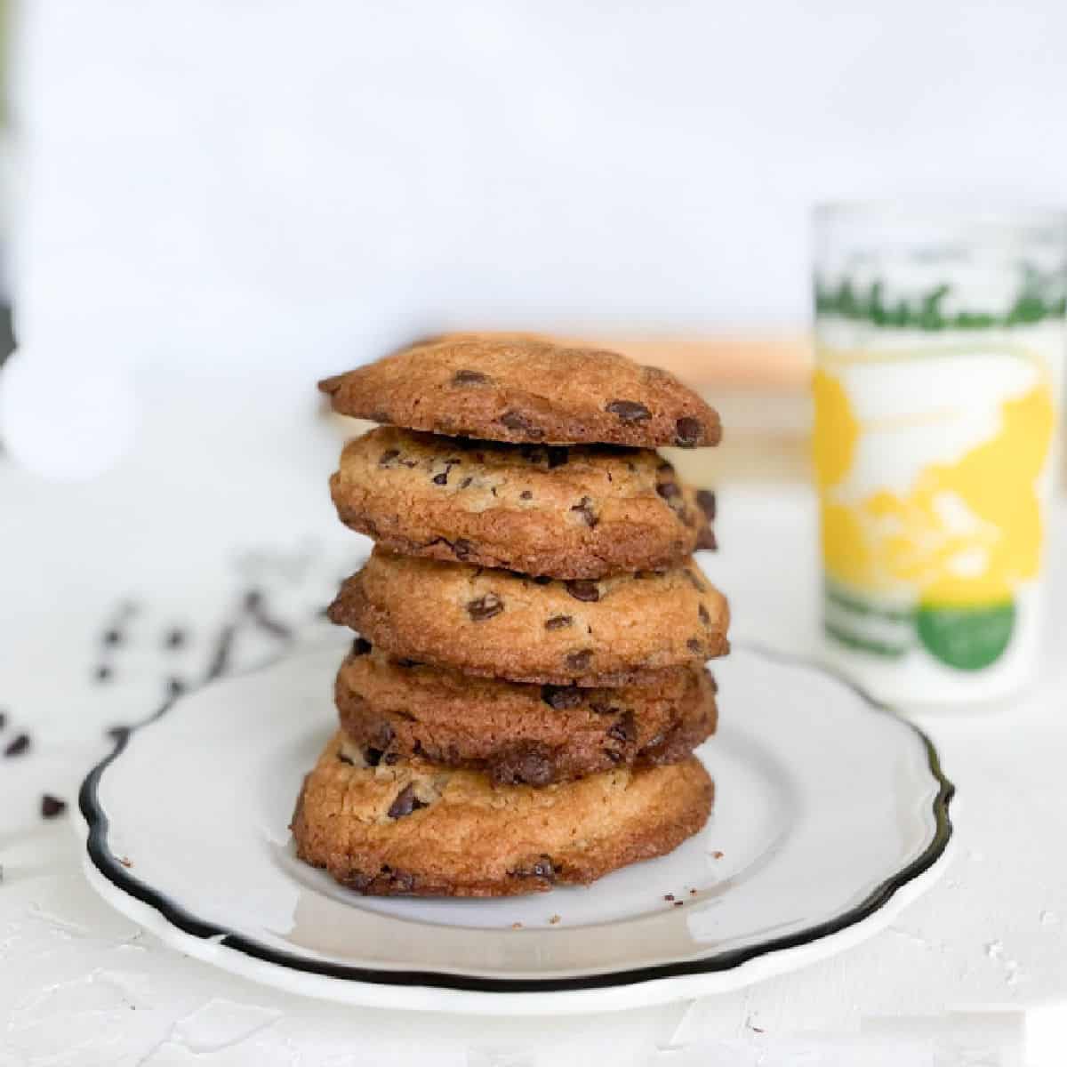 stack of chocolate chip cookies on plate.