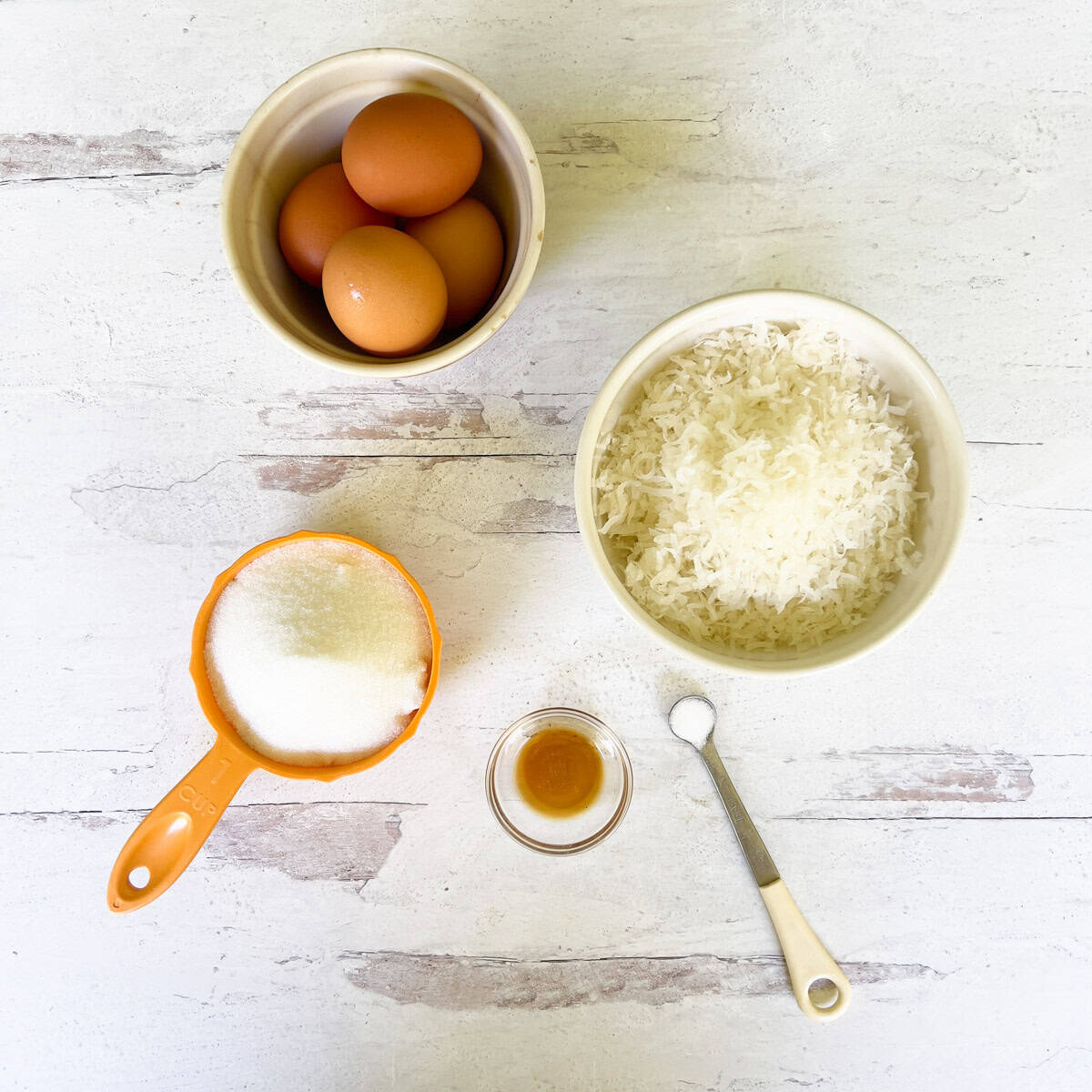 Egg, sugar, vanilla extract, and bowl of shredded coconut flakes on countertop.