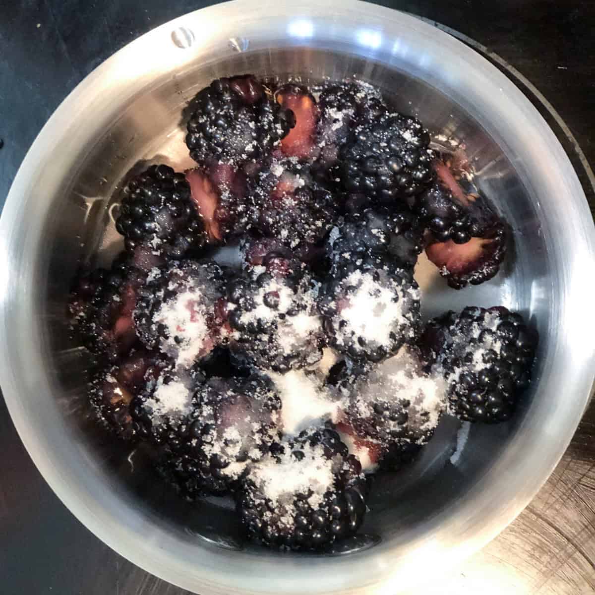 Blackberries in saucepan sprinkled with sugar.